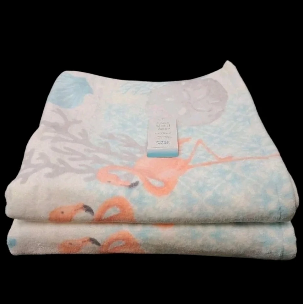 2pc Resort Tropical Pink Flamingo Starfish Seashell Velour Bath TOWEL Set New